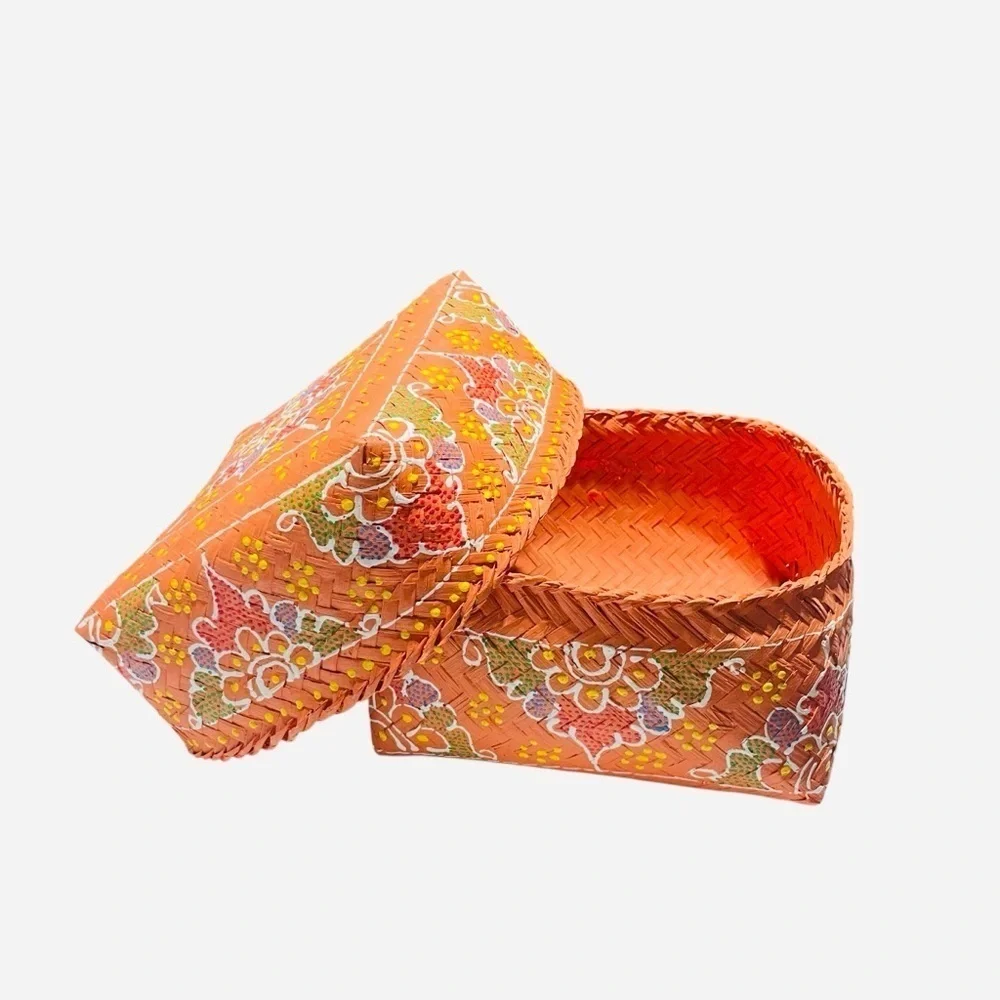 Vintage Indonesian Orange Hand Painted Woven Offering Basket with Lid 7”